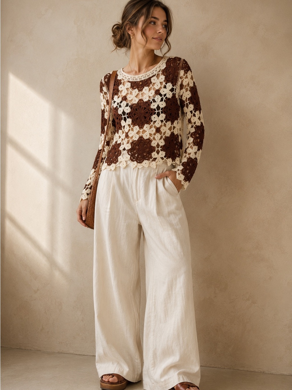 Floral Crochet Open Knit Sweater Cream Brown Boho Festival Top M/L Vintage